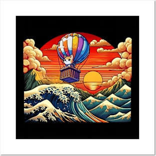 Vivid Sunset Wave Art Hot Air Balloon Japanese Cat Posters and Art